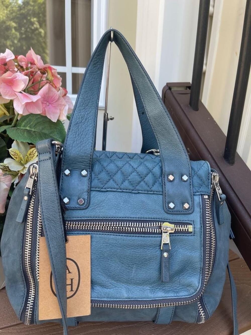 nwt Ash Ha-mick Blue Leather satchel Bag ((pu110